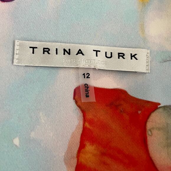 Trina Turk Blue Watercolor Floral Pinch Neck Halter Sleeveless Dress sz 12 - Picture 7 of 9